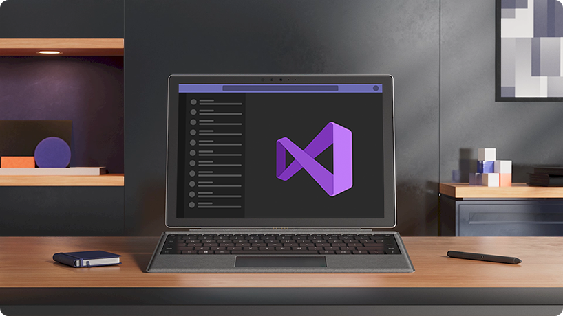 Ilustração de um computador com o logotipo do Visual Studio